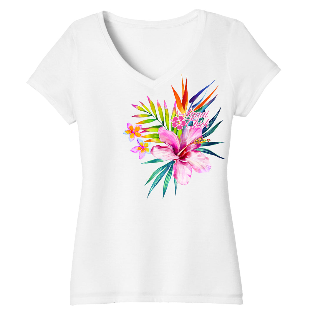 Ladies Kauai Chick Floral Dawn V-Neck T-Shirt