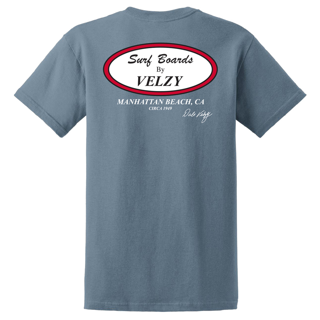A gray T-shirt with the 'Surfboards by Velzy' logo printed on the front and back.