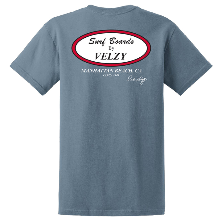 A gray T-shirt with the 'Surfboards by Velzy' logo printed on the front and back.